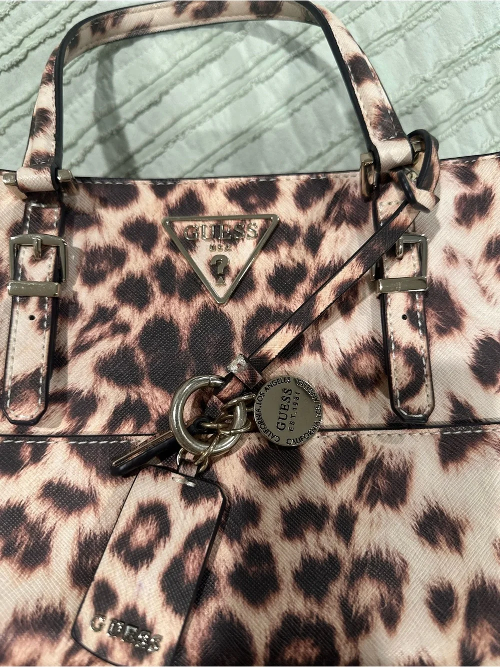 GUESS Pink and Brown Leopard Print Satchel